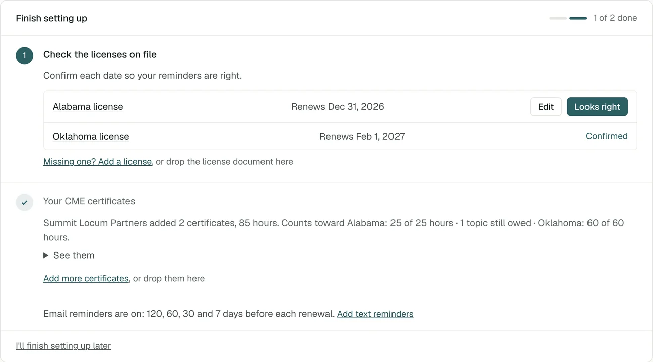 A clinician's first sign-in: confirm the licenses on file, with CME certificates already counted toward each state.