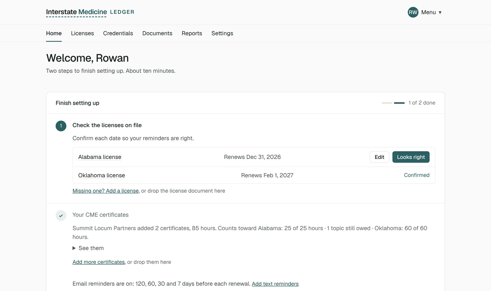 A clinician's first sign-in: two steps to finish setting up, starting with checking the licenses already on file.