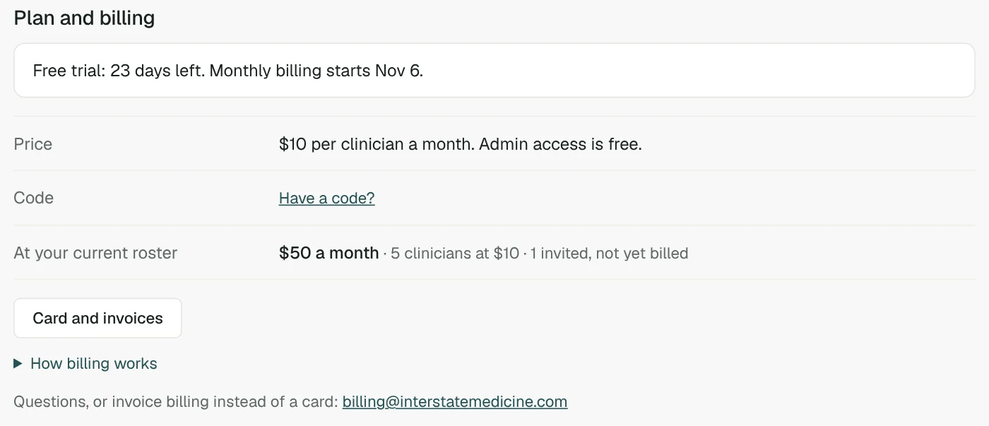 The Roster's plan and billing panel: trial days left, the price per clinician and the monthly total.