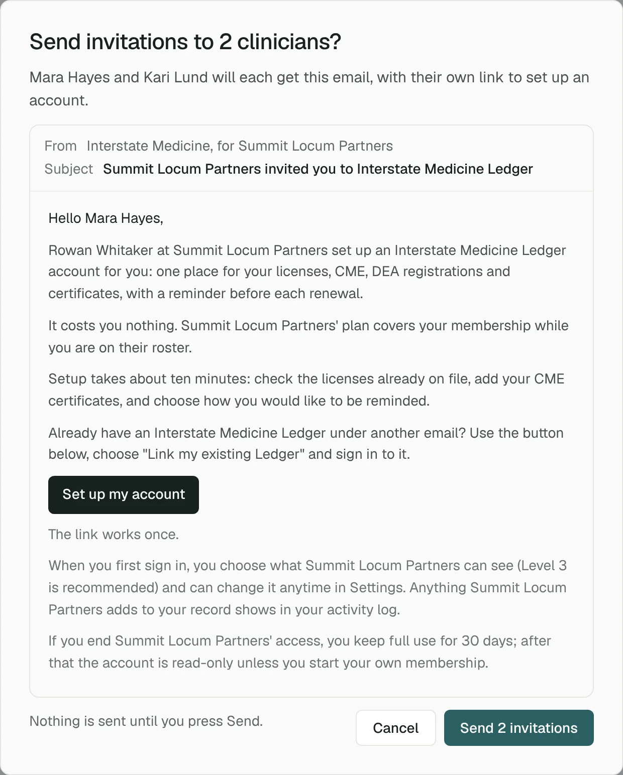 The invitation preview: the email a clinician receives, naming the group and explaining their access choices.
